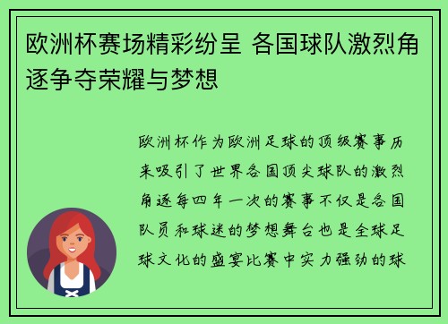 欧洲杯赛场精彩纷呈 各国球队激烈角逐争夺荣耀与梦想 欧洲杯赛场精彩纷呈 各国球队激烈角逐争夺荣耀与梦想